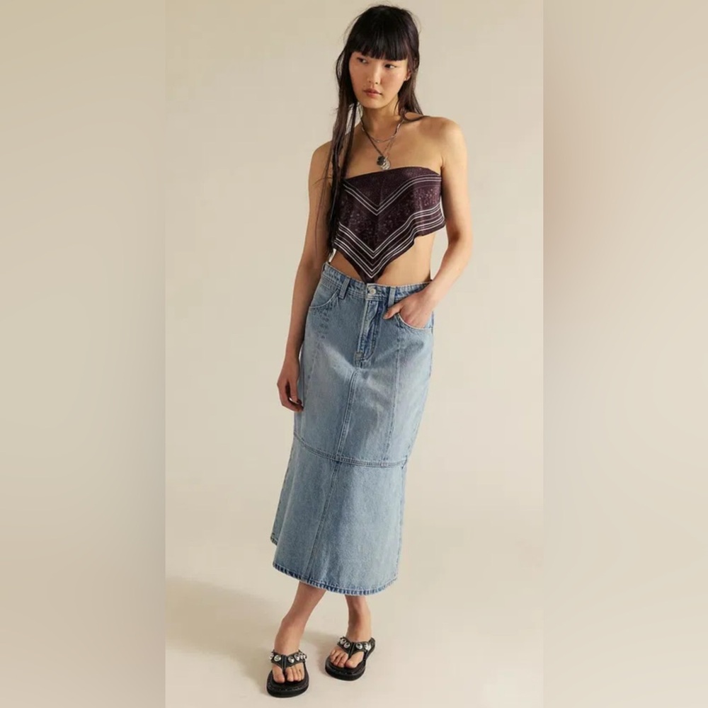 NWT Free People We The Free Midas Denim Midi Skirt Rhythm Blue Size 24